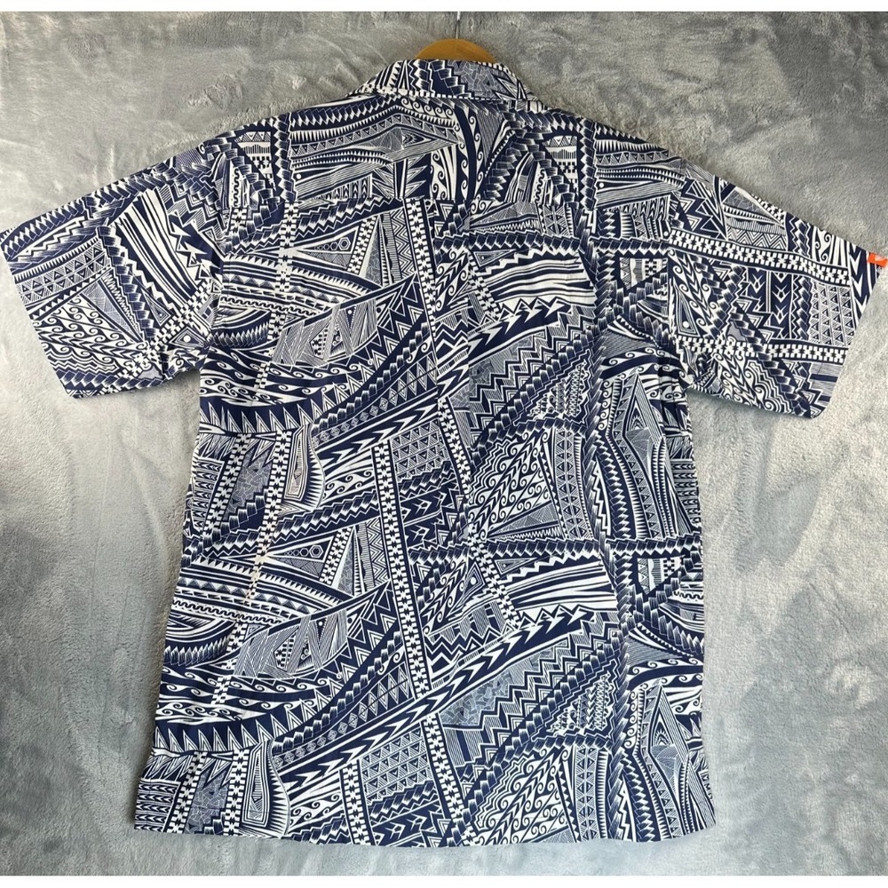 Tanoa Polynesian Tribal Hawaiian Shirt Men M Blue White 100% Cotton Fiji - Picture 2 of 13